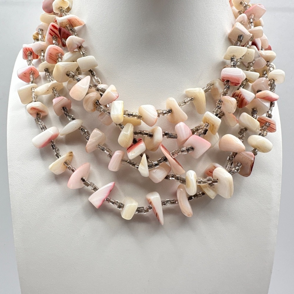 Vintage 90s Pink White Shell Beads Multi Strand Necklace Boho Beach Jewelry